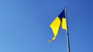 Ukrayna 'nın büyük mavi-sarı bayrağı güneşli bir günde mavi gökyüzüne karşı rüzgarda sallanıyor. dikey video