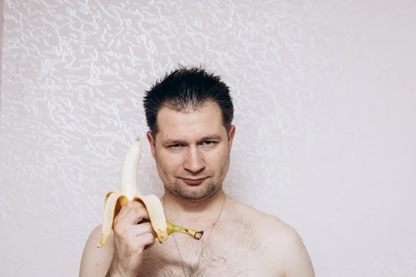 Tipo Sin Ropa Tiene Plátano Perdido Mano Problema Erección Salud — Foto de Stock