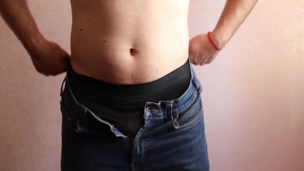 Guy Naked Torso Takes His Jeans Strips His Underpants Passing — Stock Video