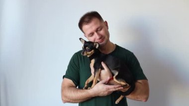 Erkeksi adam kucağında küçük bir Chihuahua köpeği tutuyor. Efendi ve evcil hayvan