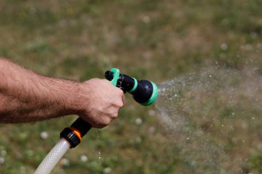 Adamın eli hortumu tutuyor ve bahçeye su serpiyor.