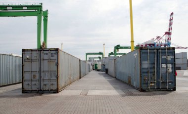 Endüstriyel limandaki vinçli konteyner terminali. Gece sis içinde çalışırken deniz limanı konteynır terminali. Yüksek kalite fotoğraf