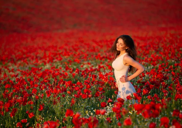 美丽而性感的黑发女人 在一片美丽的红花地中央 享受着夕阳西下的阳光 — 图库照片