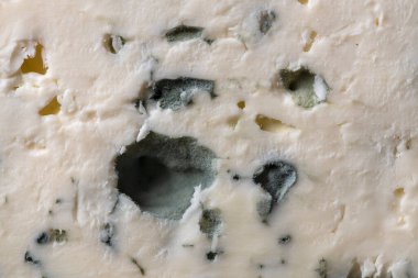 Mavi peynir arkaplanı ve desen kesikte, üst görünümde, kapat, makro
