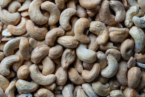 Pile Cashew Nuts Shell Close Top View Whole Nut Kernels — Stock Photo, Image