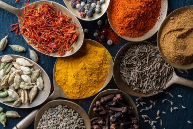 Pirinç kaşıklardaki baharatlar, yakın çekim, üst manzara. Çeşitli biberler, kakule, karanfil, zerdeçal, kırmızı biber ve safran.