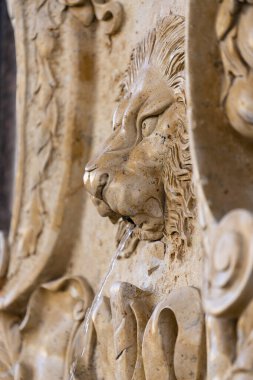 Büyük aslan başı heykeli taştan sarı duvarda, Ukrayna sokaklarına su fışkırtıyor.