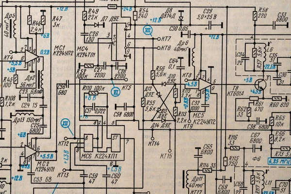 Antiguo Circuito Radio Impreso Diagrama Electricidad Papel Vintage Como Fondo — Foto de Stock