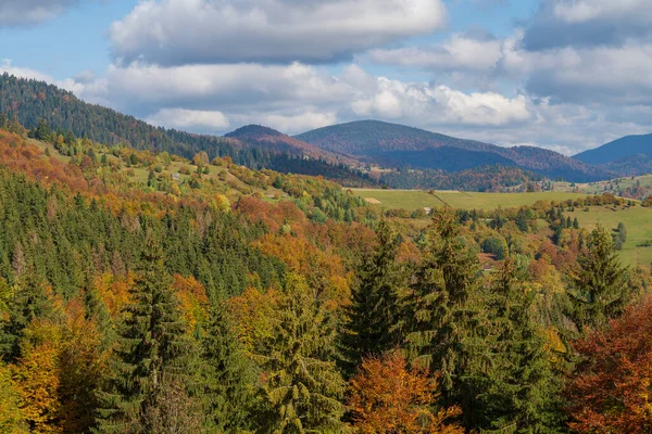 Synevyr Pass尾根と青空の背景に晴れた秋の日にカルパチア山脈の美しい秋の森 西ウクライナ — ストック写真
