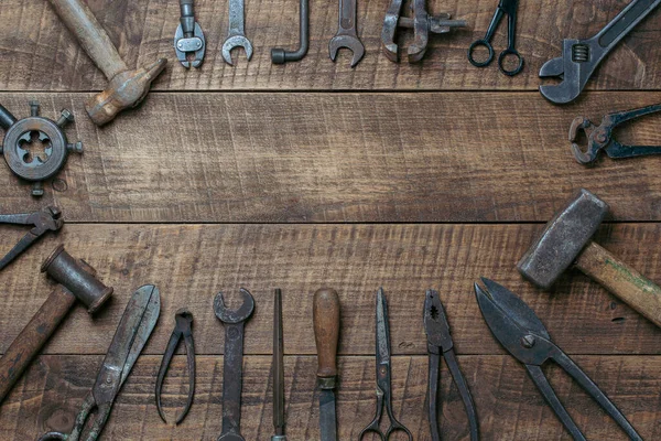 Vintage Tools Displayed Background Wooden Board Close Top View Copy — Fotografia de Stock
