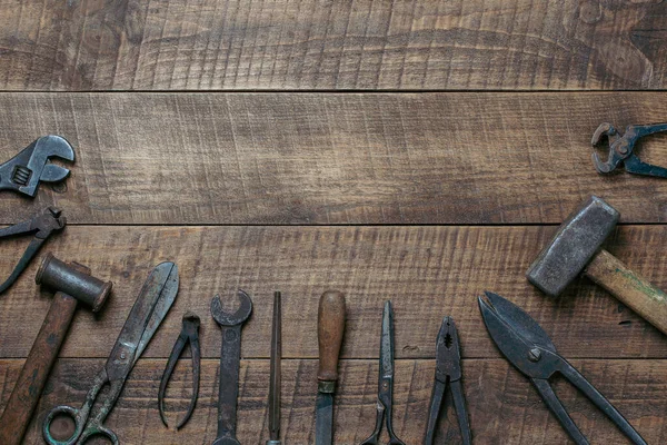 Vintage Tools Displayed Background Wooden Board Close Top View Copy — Foto de Stock