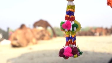 Decorative ornaments of colored threads and beads hanging on umbrella on time Pushkar Camel Mela near holy city Pushkar, Rajasthan, India, close up