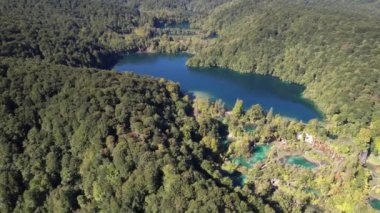 Yazın Hırvatistan, Orta Avrupa, seyahat ve doğa kavramında ormanla ünlü Plitvice Gölleri üzerinde uçmak