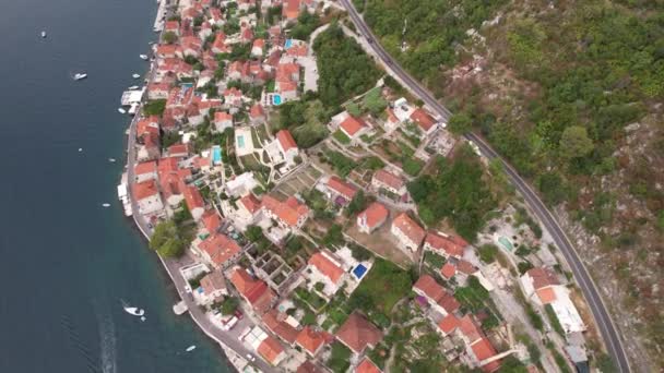 Vedere Aeriană Orașului Vechi Perast Mare Albastră Munți Muntenegru Coasta — Videoclip de stoc