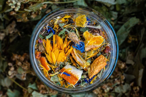 Dry Flower Herbal Tea Leaves Glass Jar Wooden Background Copy — Stok fotoğraf
