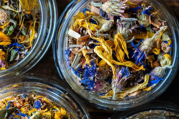 Dry Flower Herbal Tea Leaves Glass Jar Wooden Background Copy — стоковое фото
