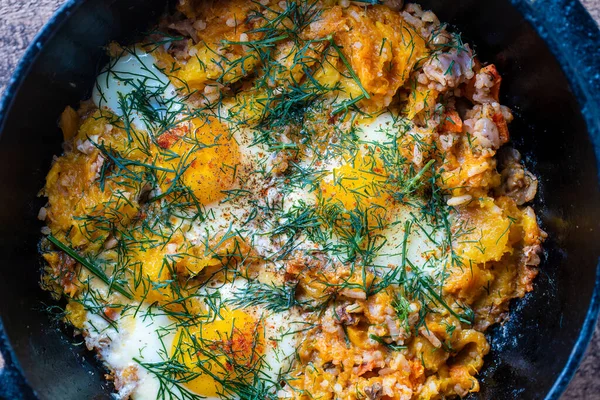 Boiled Rice Fried Eggs Pumpkin Peppers Carrots Onions Cast Iron — Stock Photo, Image