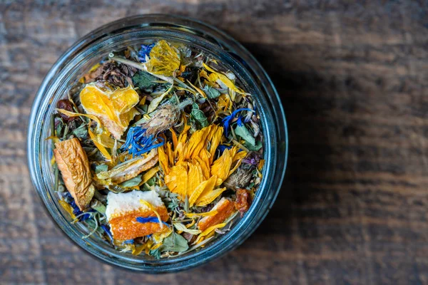 Dry Flower Herbal Tea Leaves Glass Jar Wooden Background Copy — Foto de Stock