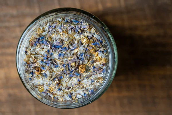 Sea Himalayan Salt Dry Lavender Chamomile Flowers Glass Jar Wooden — Stockfoto