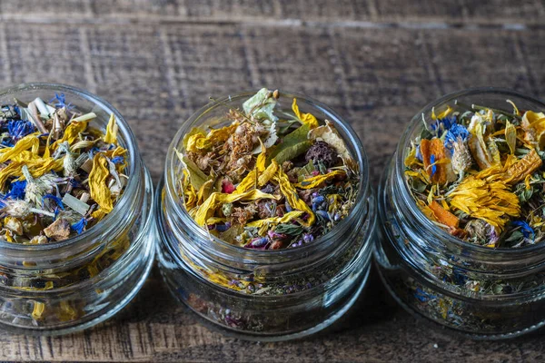 Dry Flower Herbal Tea Leaves Glass Jar Wooden Background Copy — Stok fotoğraf