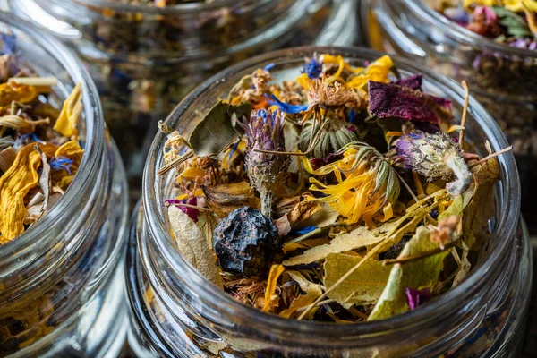 Dry Flower Herbal Tea Leaves Glass Jar Wooden Background Copy — Foto Stock