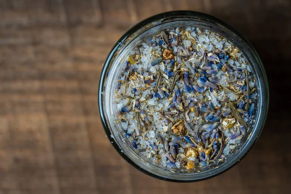 Sea Himalayan Salt Dry Lavender Chamomile Flowers Glass Jar Wooden — Foto de Stock