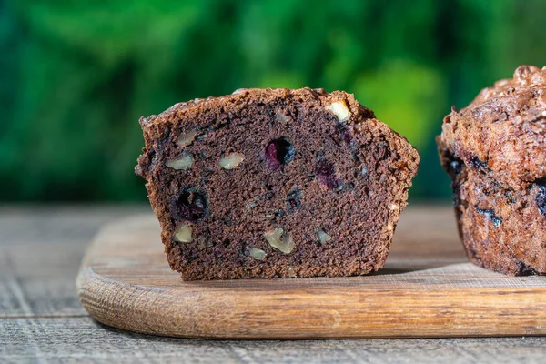Half Chocolate Muffin Blueberries Walnuts Wooden Table Close Sweet Pastries — Stock Photo, Image