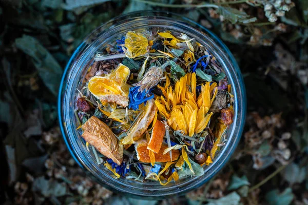 Dry Flower Herbal Tea Leaves Glass Jar Wooden Background Copy — стоковое фото