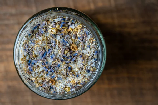 Sea Himalayan Salt Dry Lavender Chamomile Flowers Glass Jar Wooden — Stockfoto