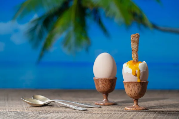 Soft Boiled Egg Eggcup Slice Toasted Toast Wooden Table Sea — Stock Photo, Image