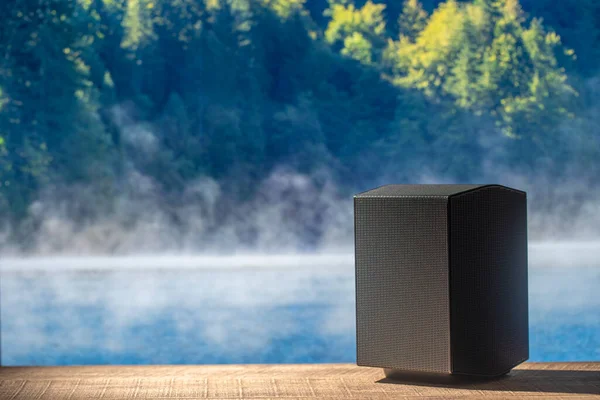 Schwarzer Akustischer Lautsprecher Auf Einem Holztisch Mit Seewasser Und Waldhintergrund — Stockfoto