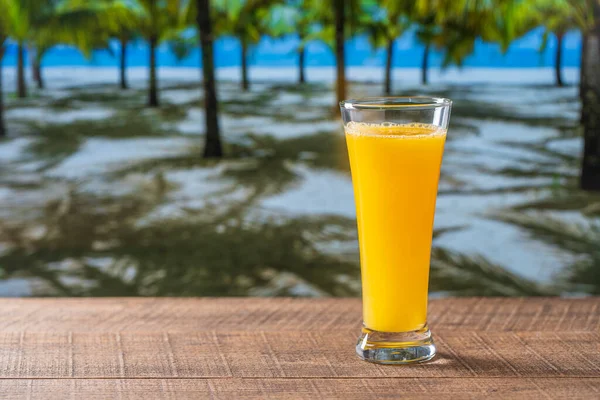 Freshly Squeezed Orange Juice Glass Wooden Table Sea Sunny Summer — Stock Photo, Image