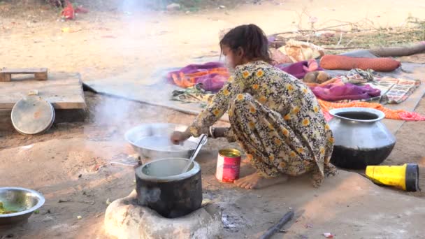 Pushkar India Listopadu 2018 Mladá Dívka Připravuje Zeleninovou Polévku Poušti — Stock video