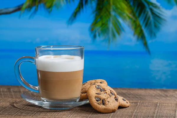 Glass Mug Hot Cappuccino Coffee Cookies Wooden Table Sea Water — Stock Photo, Image