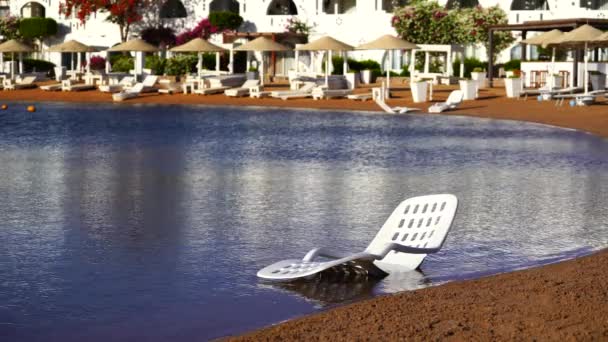 Espreguiçadeiras Brancas Calma Água Mar Vermelho Praia Manhã Cidade Resort — Vídeo de Stock