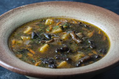 Porcini mantarlı mantar çorbası tabağı, patates, havuç, soğan, siyah arka planda taze yeşil dereotu ve biber, kapatın.