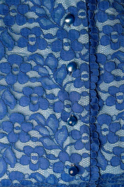 Részlet Egy Kék Blúz Készült Guipure Szövet Anya Gyöngy Gombok — Stock Fotó