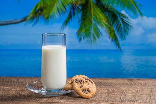 stock image Fresh white milk in a glass with cookies on a wooden table with sea water, coconut palm tree and blue sky background on sunny summer day in tropical beach cafe, close up