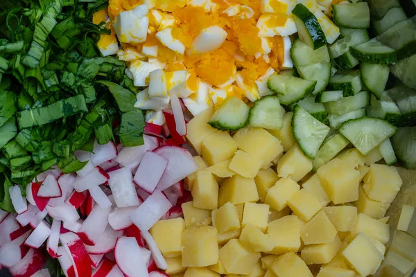 Fresh Ingredients Salad Bowl Close Chopped Green Wild Garlic Poached — Stock Photo, Image