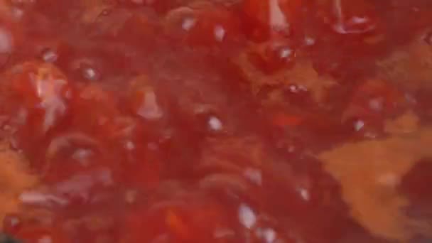 Kook Smakelijk Sappig Rood Borsch Bietensoep Steelpan Close Koken Voedsel — Stockvideo