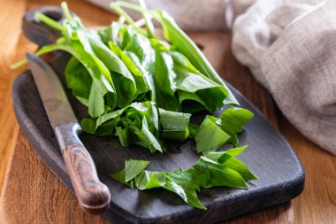 Ramson ya da yabani sarımsak ve bıçak tahta bir masanın üzerinde, yakın çekim. Salata hazırlamak için yeşil sarımsak yaprakları.