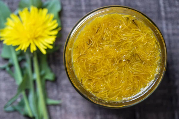 Sweet Jam Glass Jar Jam Ripe Yellow Petals Dandelion Flowers — Stock Photo, Image