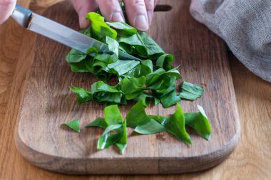 Ramson ya da yabani sarımsak ve bıçak tahta bir masanın üzerinde, yakın çekim. Salata hazırlamak için yeşil sarımsak yaprakları.