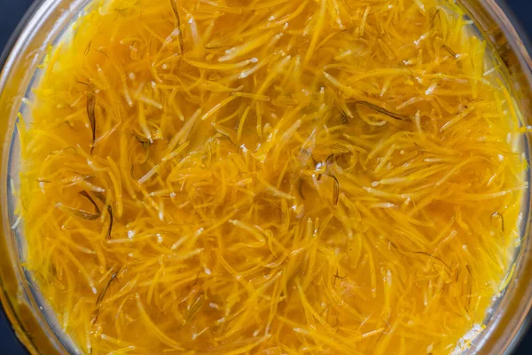 민들레 오렌지 설탕등의 꽃잎에서 유리병에 위에서 내려다보면 수있다 민들레 약용식물 — 스톡 사진