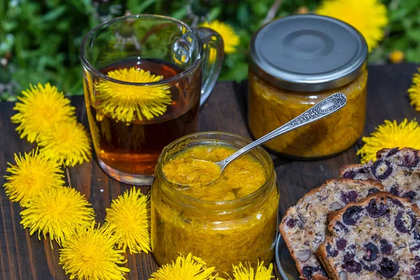 Healthy Dandelion Flower Tea Glass Cup Wooden Table Sweet Jam — Stock Photo, Image