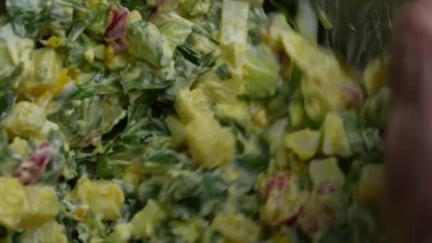 Chef Prepares Healthy Salad Green Wild Leek Poached Egg Cucumber — Stock Video