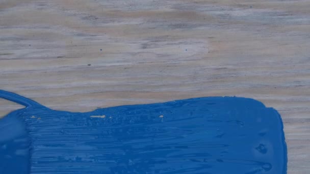 用画笔的特写在松木板上涂上蓝色的油漆 带有油画的木材表面绘画 翻新概念 — 图库视频影像