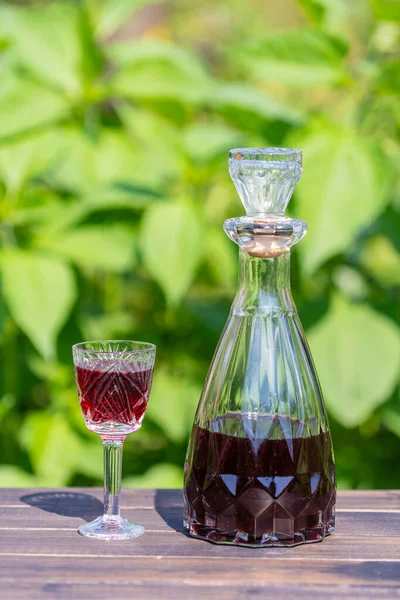 Homemade Cherry Brandy Glasses Glass Bottle Wooden Table Summer Garden — Φωτογραφία Αρχείου