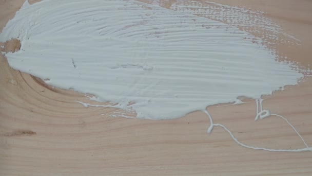 Painting Pine Board White Paint Using Brush Close Wood Surface — Stock Video