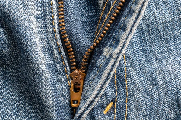 Blue Jeans Offener Reißverschluss Auf Hintergrund Nahaufnahme Reißverschluss Jeanshose Blaue — Stockfoto